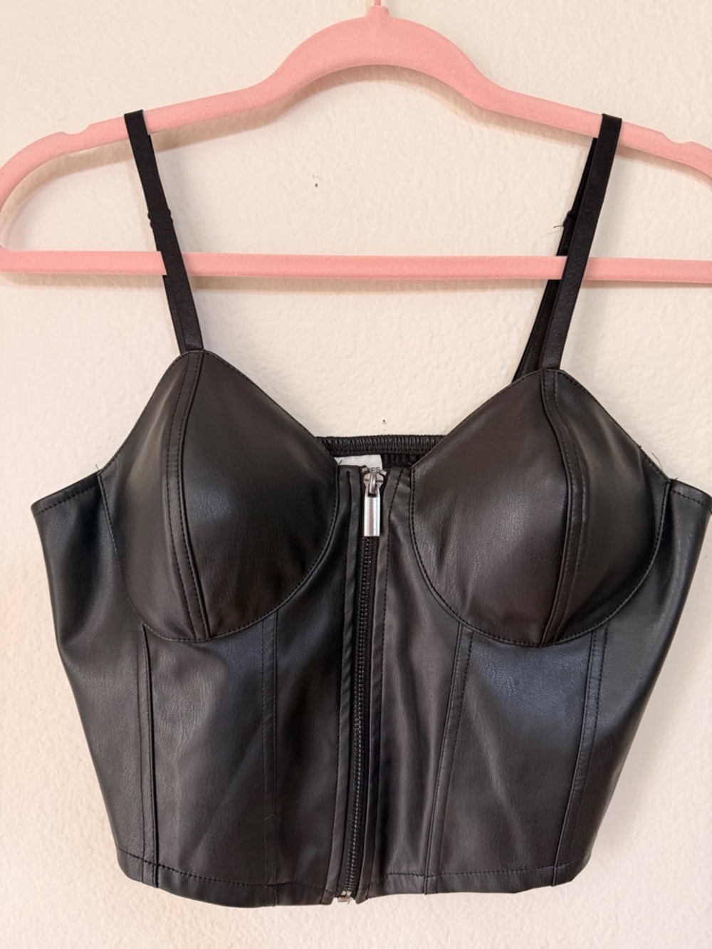 Y2K‎ Black Faux Leather Corset Top Bustier Zip Front Coquette Goth Grunge Size S